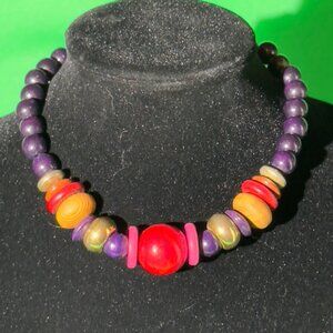 Colorful Beaded Statement Necklace With Purple Red & Wooden Accents